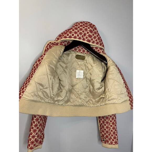 Free People Wool Blend Embroidered Crop Bomber Jacket Hooded Red Boho Women's M - Picture 12 of 16